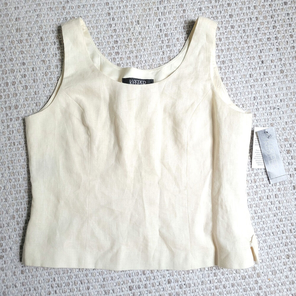 NWT Kasper Womens 12 White Ivory 100% Linen Shirt Sleeveless Top Summer Blouse